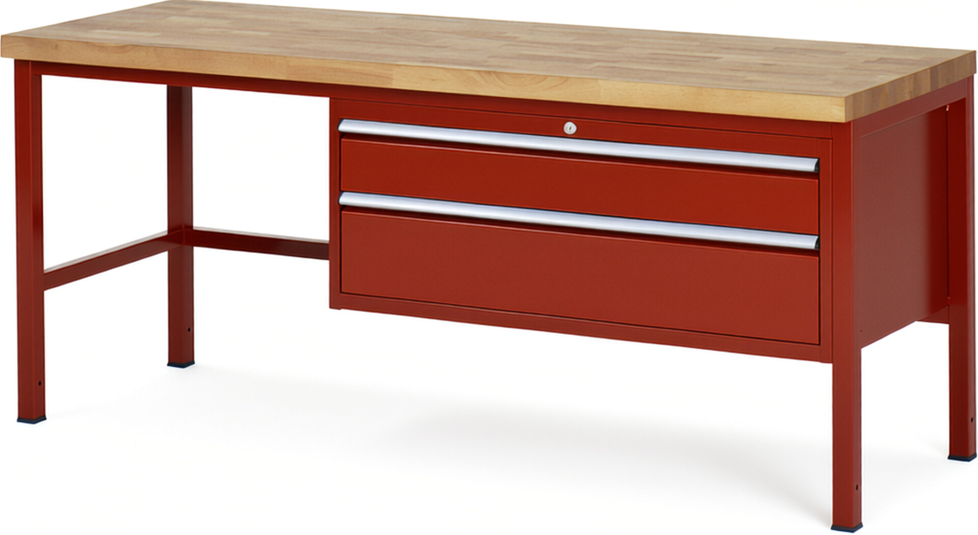 Werkbank Modell 8323 rot, BxTxH 2000x700x840-1040 mm,  Buche-Massiv Arbeitsplatte 40 mm,  2 Schubladen mit  Vollauszug 100 % und  SoftClosing