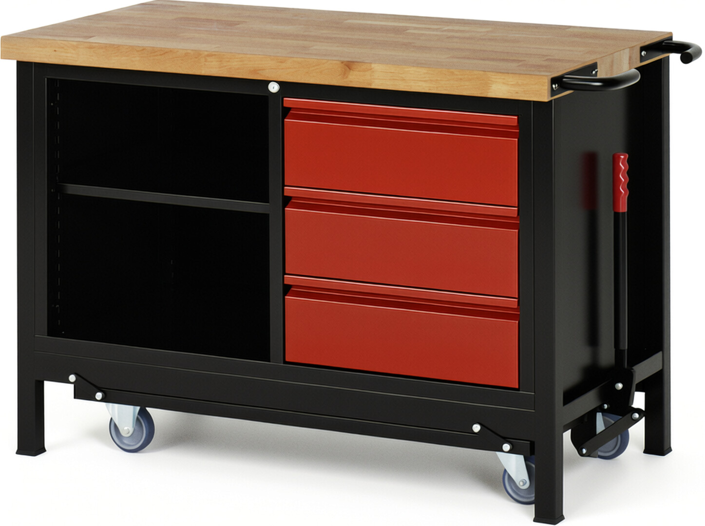 RAU Werkbank schwarz - rot - Breite 125 cm - Tiefe 70 cm - Höhe 88 cm - Buche-Massiv Arbeitsplatte 40 mm