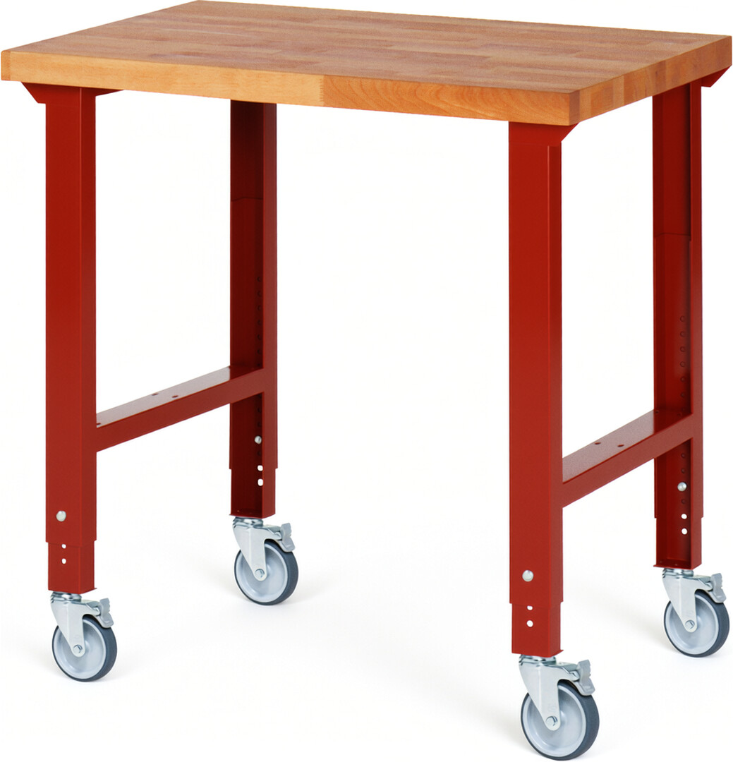 Fahrbare Werkbank Modell 7000 rot, BxTxH 1000x700x950-1000 mm,  Buche-Massiv Arbeitsplatte 40 mm