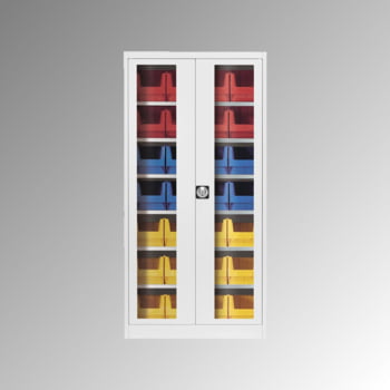 Magazinschrank - Flügeltürenschrank mit Sichtfenster - 5 Fachböden - bestückt mit 12 Sichtlagerkästen - 1950 x 950 x 420 mm (HxBxT) - brillantblau