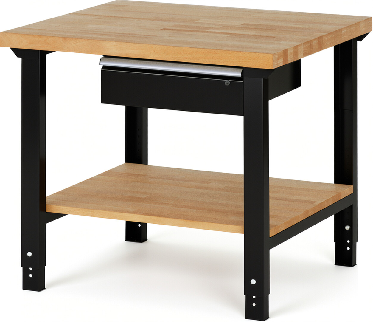 Werkbank Modell 7001 schwarz, BxTxH 1000x900x790-1140 mm,  Buche-Massiv Arbeitsplatte 40 mm,  1 Schublade mit  Auszug 90 %