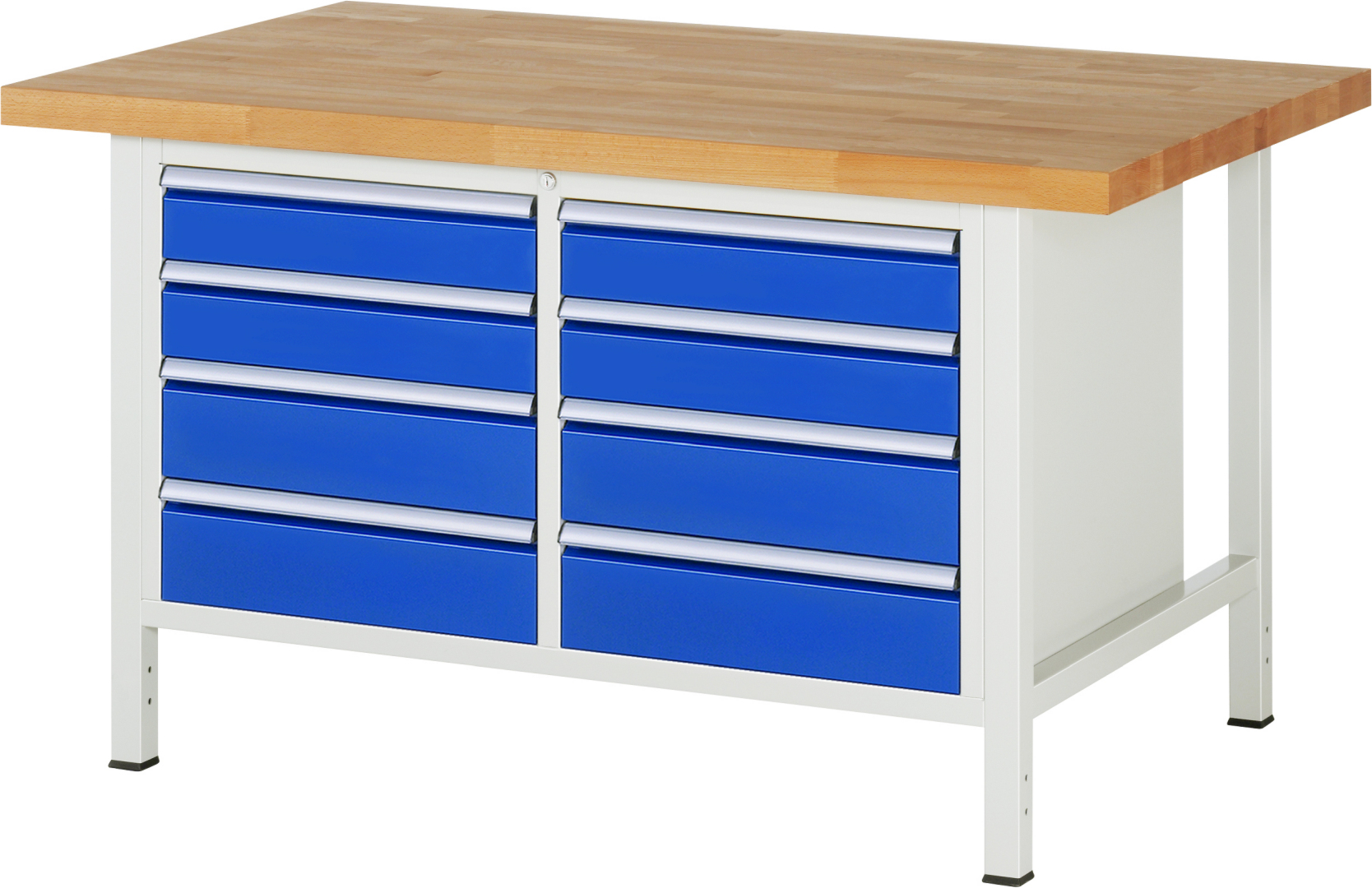 Werkbank Modell 8477,  BxTxH 1500x900x840 mm,  Buche-Massiv Arbeitsplatte 40 mm,  8 Schubladen mit  Vollauszug 100 % und  SoftClosing