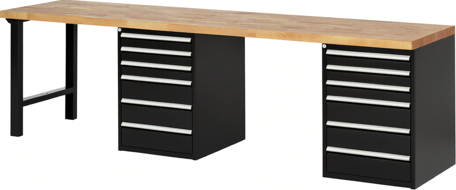 Werkbank Modell 7515 schwarz, BxTxH 3000x700x890 mm,  Buche-Massiv Arbeitsplatte 40 mm,  12 Schubladen mit  Auszug 90 %