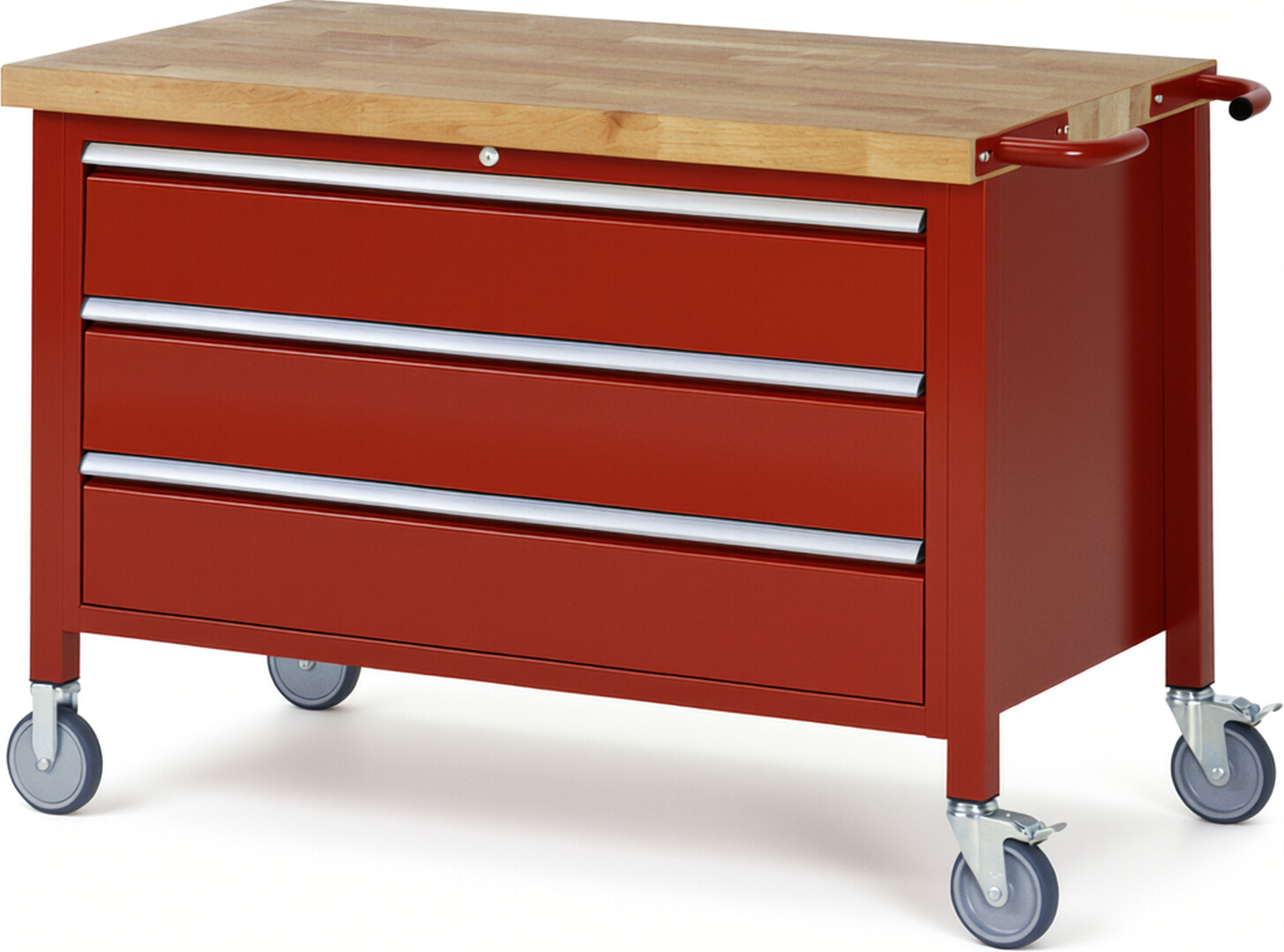 Fahrbare Werkbank Modell 8357 rot, BxTxH 1250x700x880 mm,  Buche-Massiv Arbeitsplatte 40 mm,  3 Schubladen mit  Vollauszug 100 % und  SoftClosing