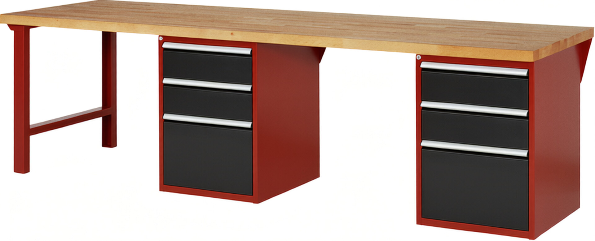 Werkbank Modell 7507 rot - schwarz, BxTxH 3000x900x840 mm,  Buche-Massiv Arbeitsplatte 40 mm,  6 Schubladen mit  Vollauszug 100 % und  SoftClosing