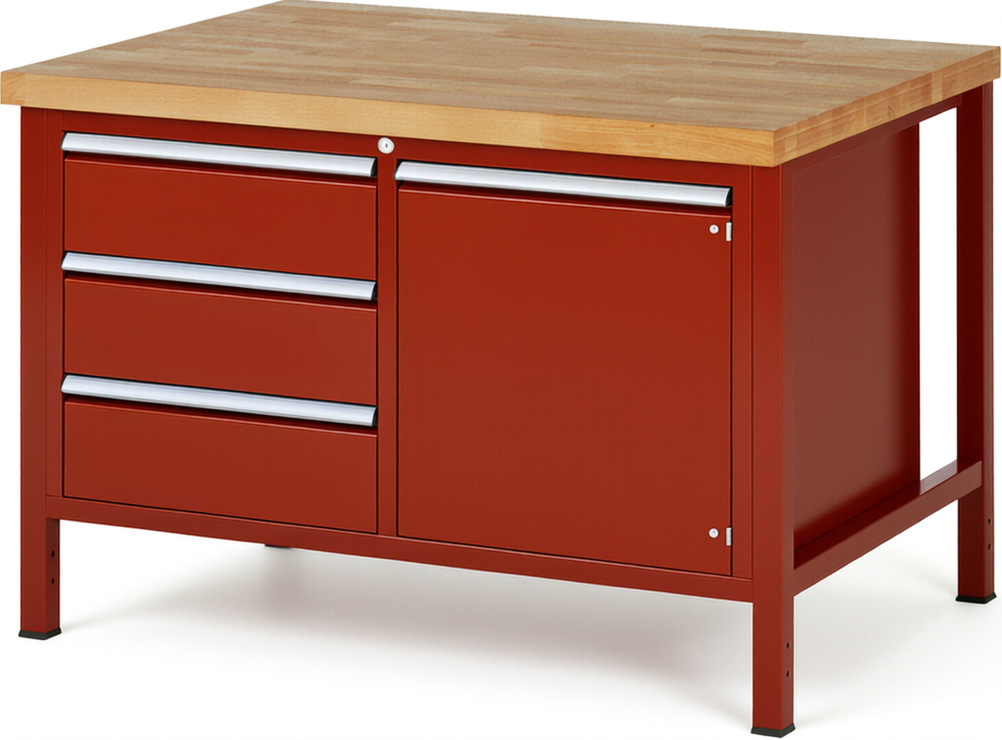 Werkbank Modell 8468 rot, BxTxH 1250x900x840-1040 mm,  Buche-Massiv Arbeitsplatte 40 mm,  3 Schubladen mit  Auszug 90 %