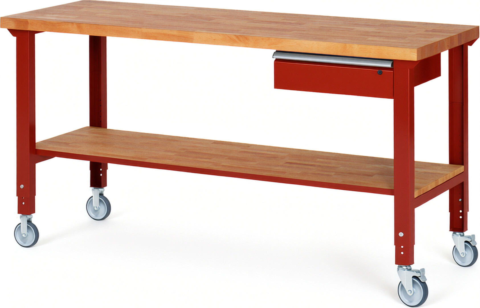 Fahrbare Werkbank Modell 7001 rot, BxTxH 2000x700x950-1000 mm,  Buche-Massiv Arbeitsplatte 40 mm,  1 Schublade mit  Auszug 90 %