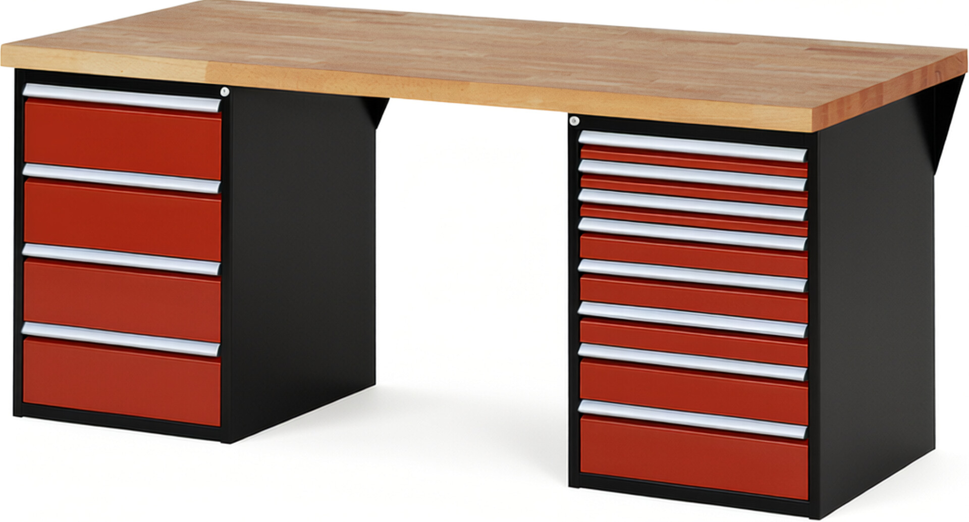 RAU Werkbank schwarz - rot - Breite 200 cm - Tiefe 90 cm - Höhe 89 cm - Buche-Massiv Arbeitsplatte 40 mm