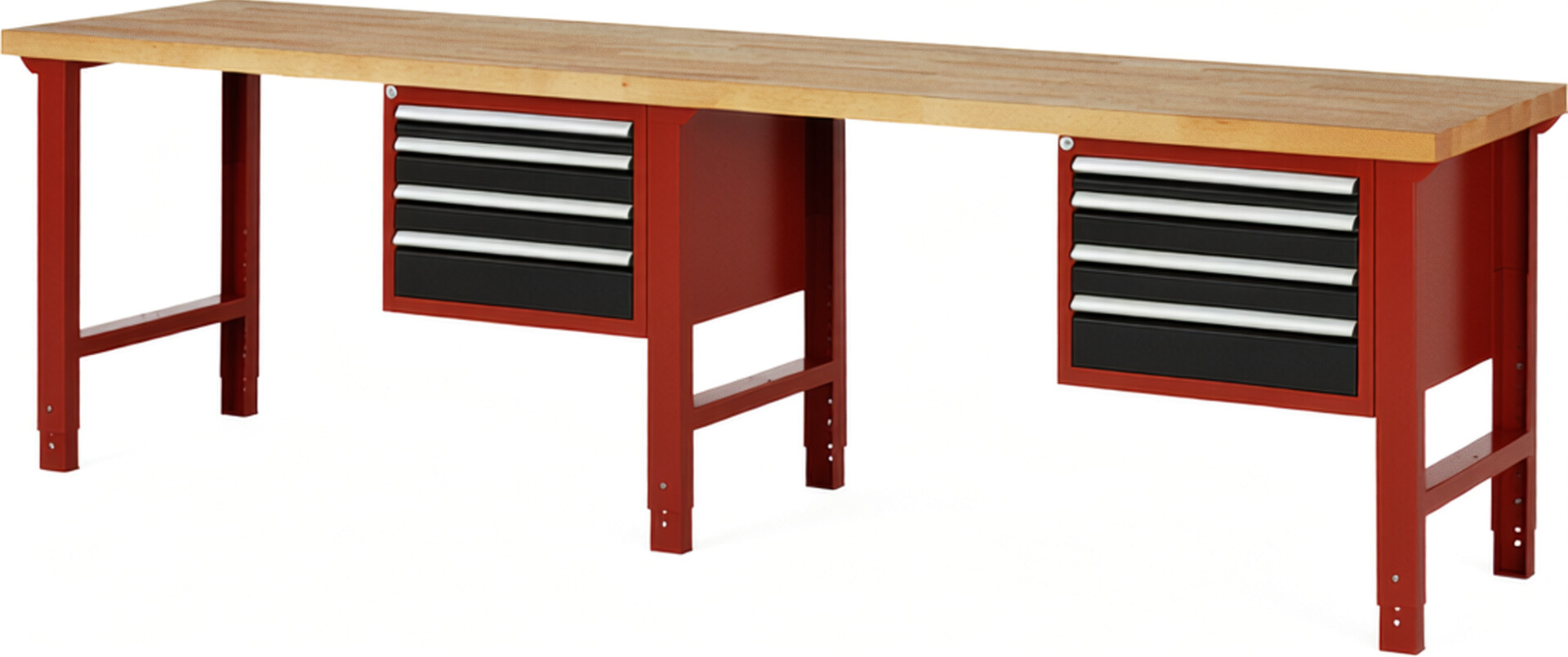 Werkbank Modell 7132 rot - schwarz, BxTxH 3000x700x790-1140 mm,  Buche-Massiv Arbeitsplatte 40 mm,  8 Schubladen mit  Auszug 90 %