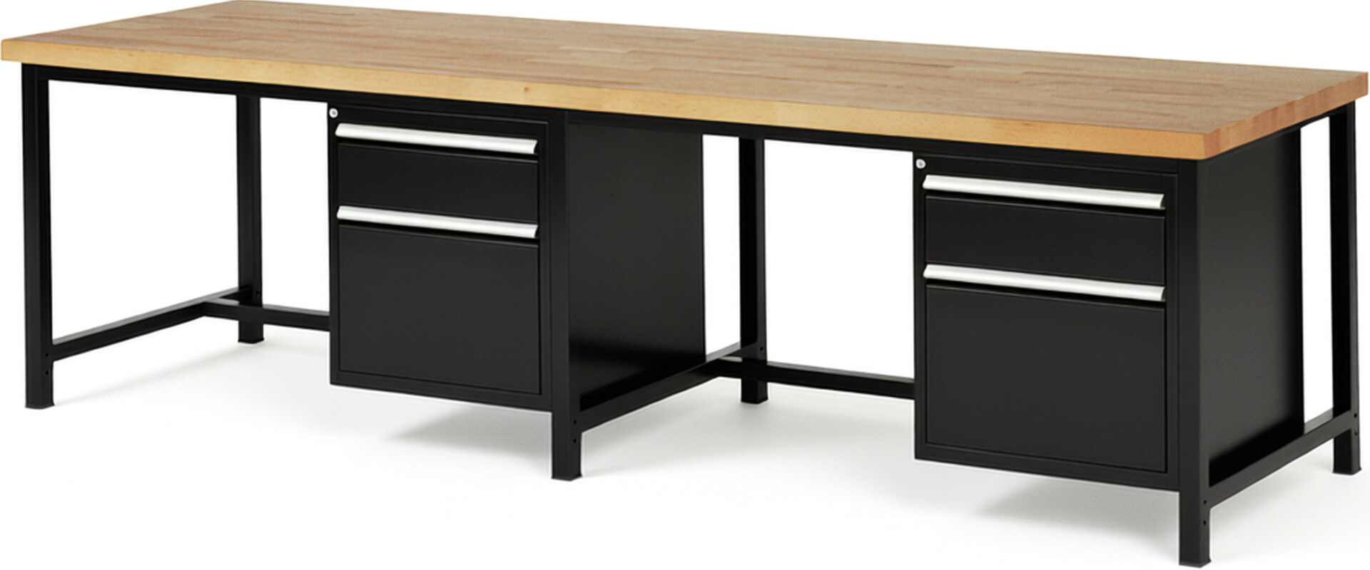 Werkbank Modell 8156 schwarz, BxTxH 3000x900x840 mm,  Buche-Massiv Arbeitsplatte 40 mm,  4 Schubladen mit  Auszug 90 %