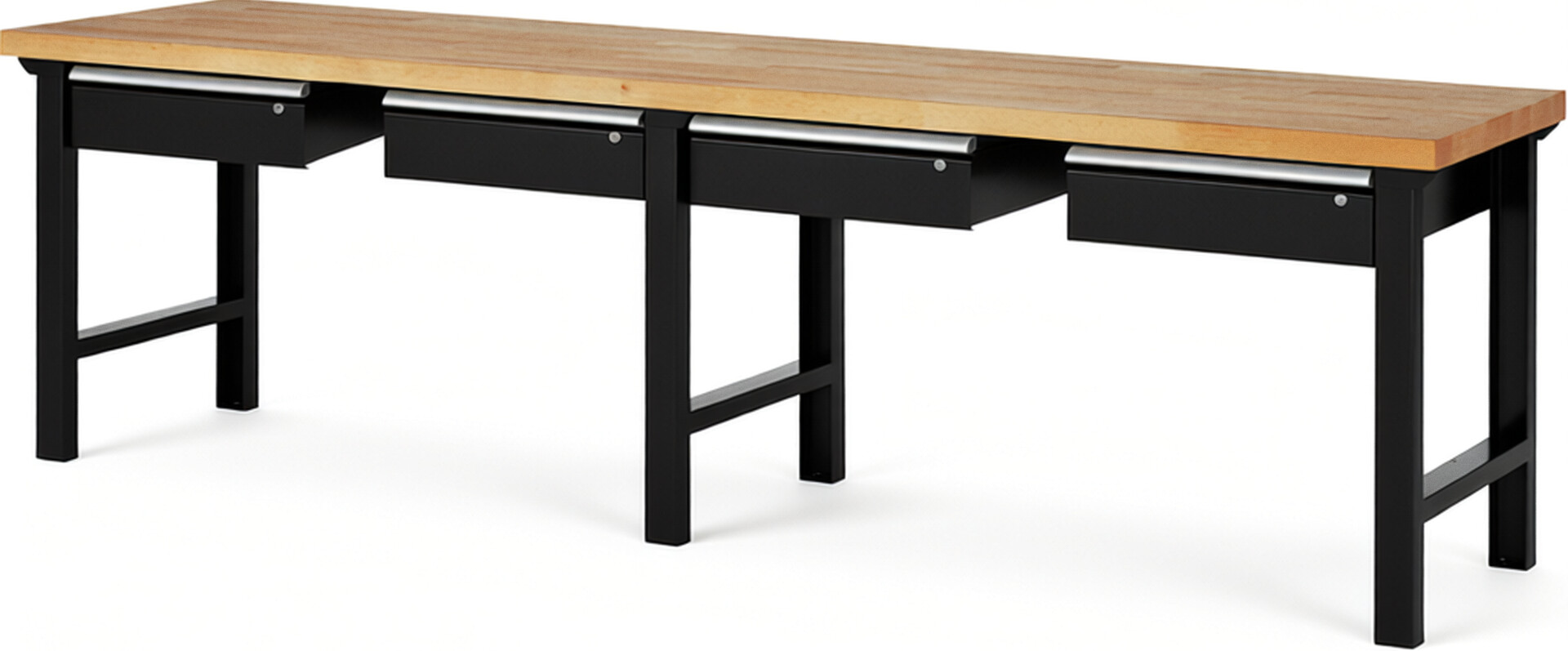 Werkbank Modell 7002 schwarz, BxTxH 3000x700x840 mm,  Buche-Massiv Arbeitsplatte 40 mm,  4 Schubladen mit  Auszug 90 %