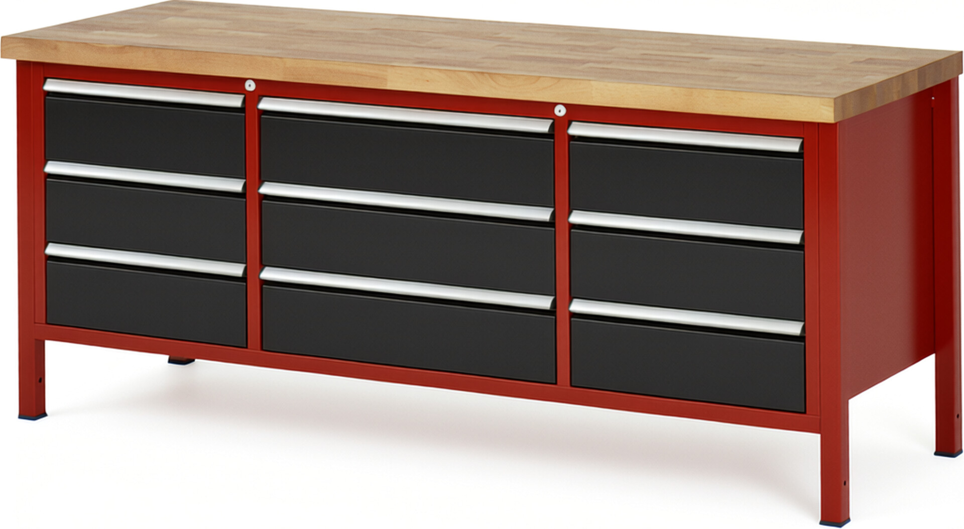 Werkbank Modell 8754 rot - schwarz, BxTxH 2000x700x840-1040 mm,  Buche-Massiv Arbeitsplatte 40 mm,  9 Schubladen mit  Auszug 90 %
