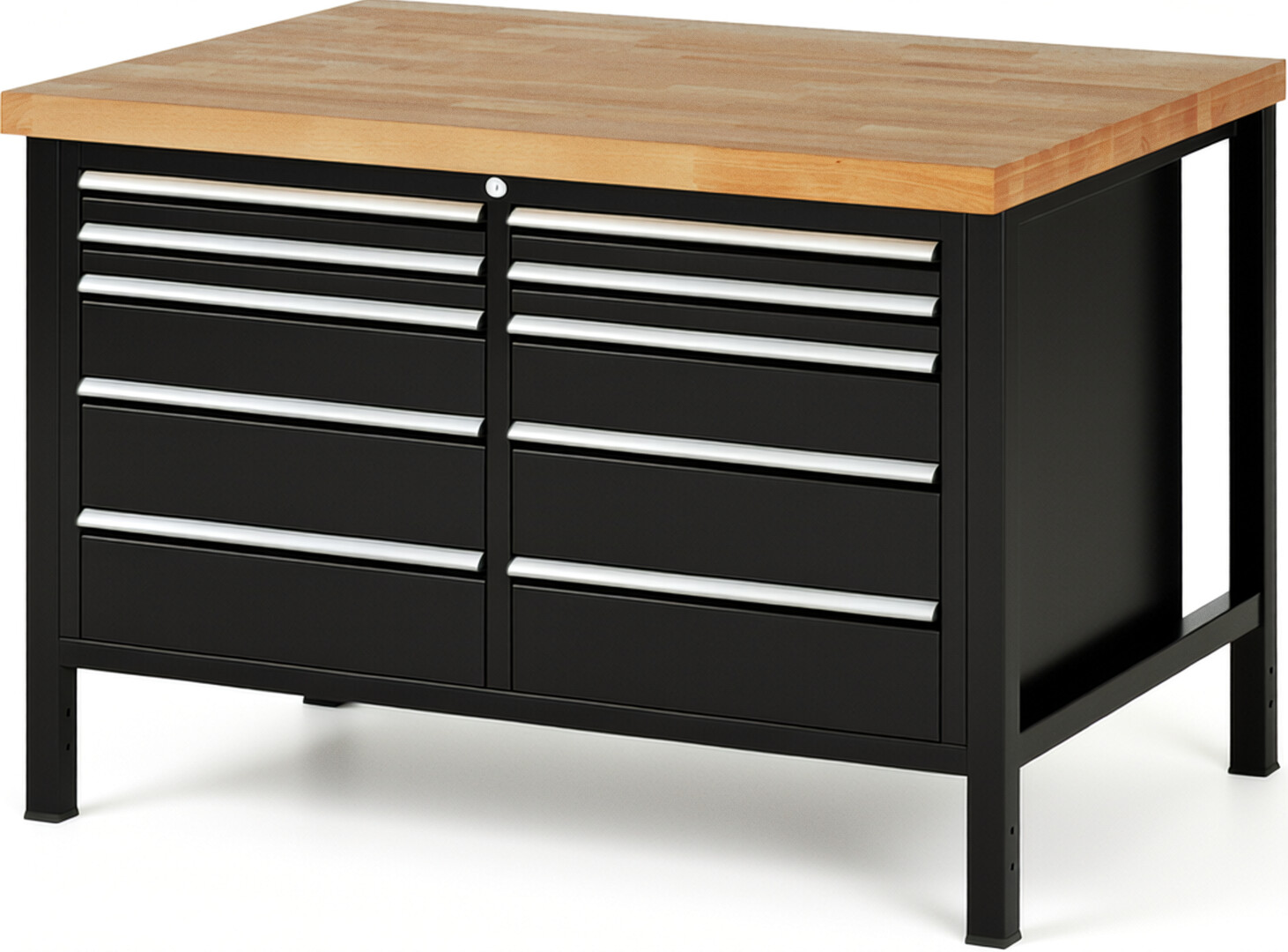 Werkbank Modell 8480 schwarz, BxTxH 1250x900x840-1040 mm,  Buche-Massiv Arbeitsplatte 40 mm,  10 Schubladen mit  Auszug 90 %