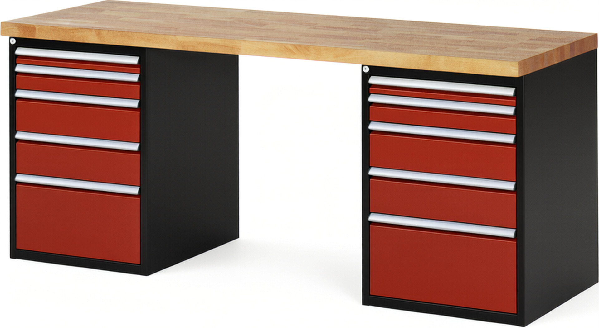 RAU Werkbank schwarz - rot - Breite 200 cm - Tiefe 70 cm - Höhe 89 cm - Buche-Massiv Arbeitsplatte 40 mm