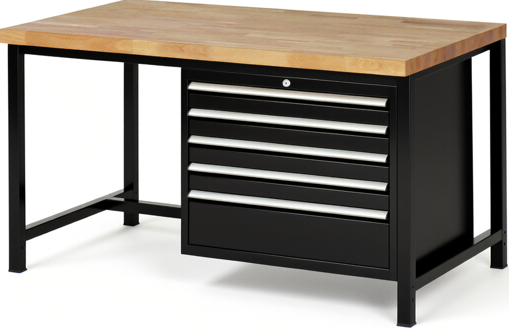 RAU Werkbank schwarz - Breite 150 cm - Tiefe 90 cm - Höhe 104 cm - Buche-Massiv Arbeitsplatte 40 mm