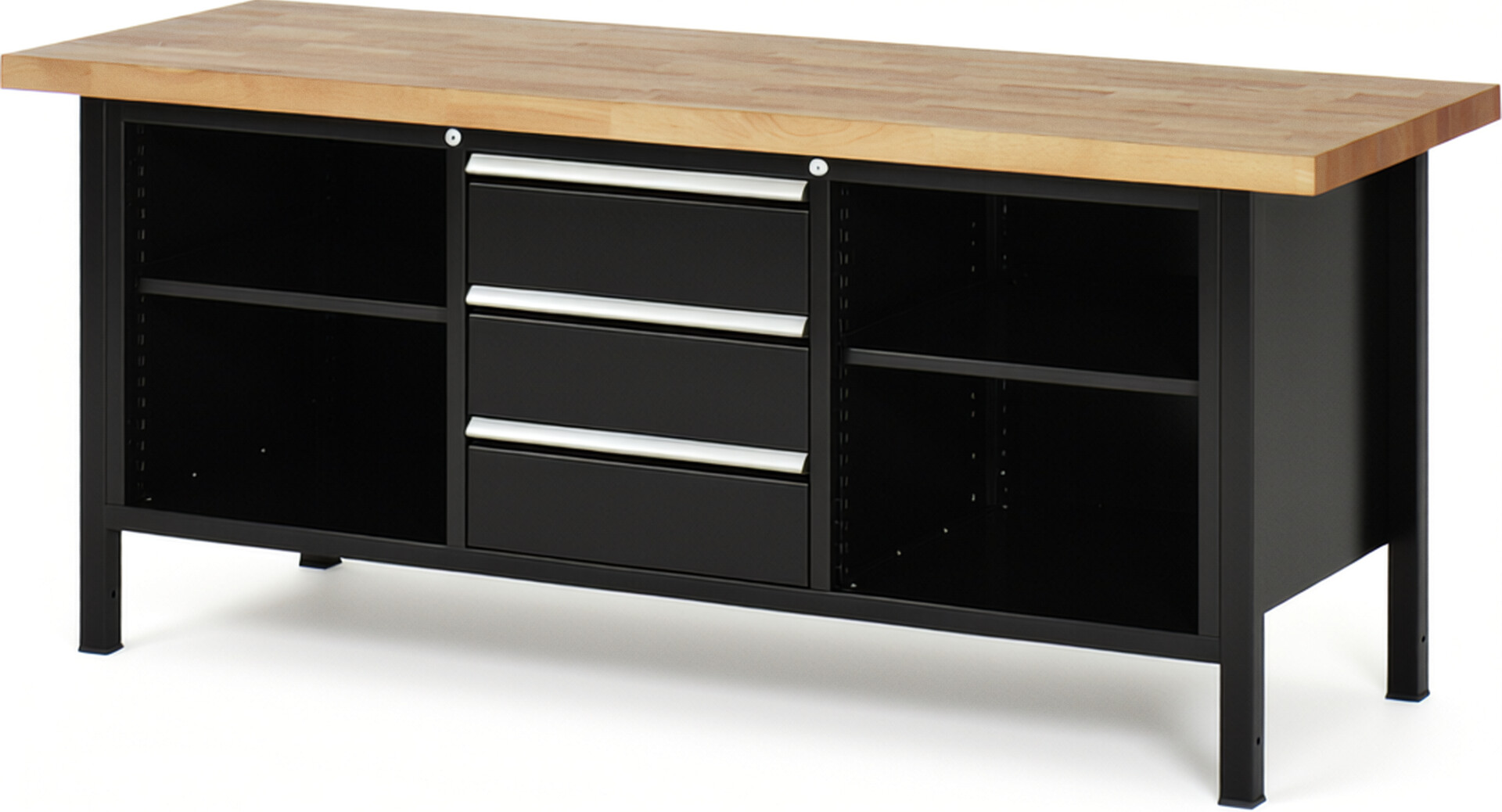 RAU Werkbank schwarz - Breite 200 cm - Tiefe 70 cm - Höhe 104 cm - Buche-Massiv Arbeitsplatte 40 mm