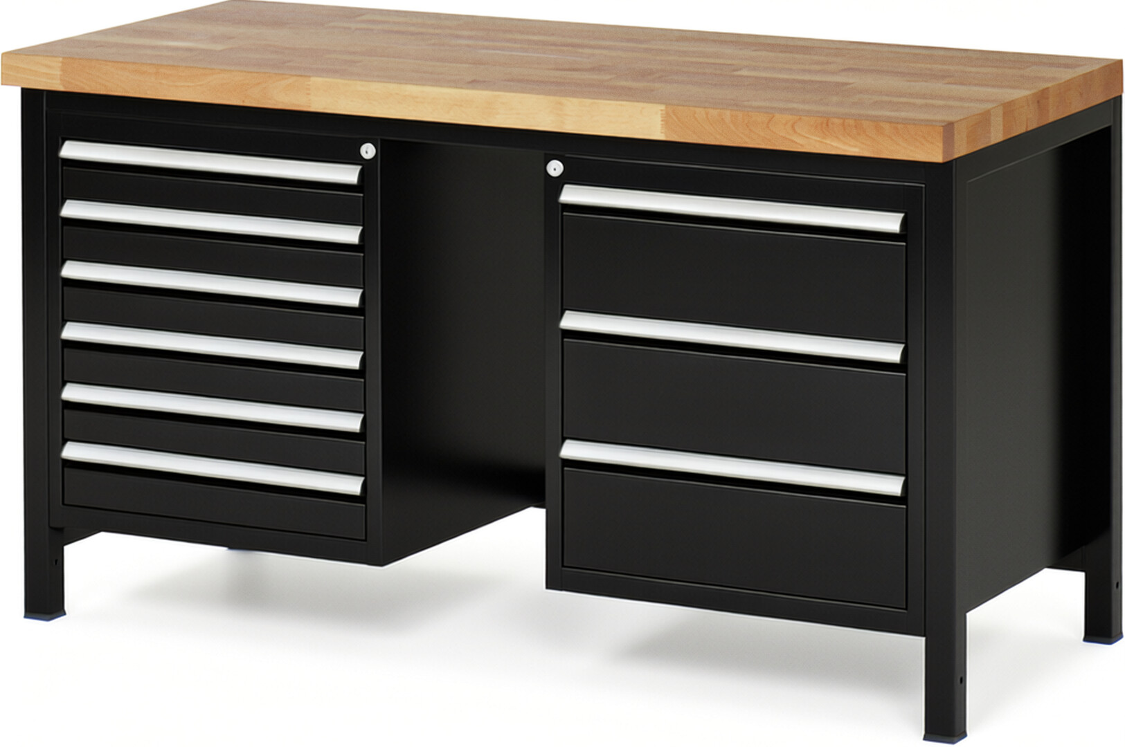 RAU Werkbank schwarz - Breite 150 cm - Tiefe 70 cm - Höhe 84 cm - Buche-Massiv Arbeitsplatte 40 mm