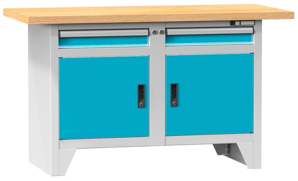 Werkbank, BxTxH 1500x700x880mm, 2 Module, 2 Schubladen 2x100 mm, 2 Türen, 2 Böden, Traglast 800 kg, RAL 7035/5012