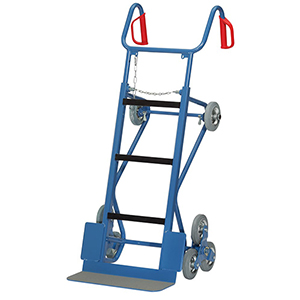 Gerätekarre, Schaufel 550x190 mm, BxH 700x1300 mm, kompl. mit Lufträdern, Treppensternen, Tragholm und Spanngurt, Traglast 400 kg, RAL 5007 blau