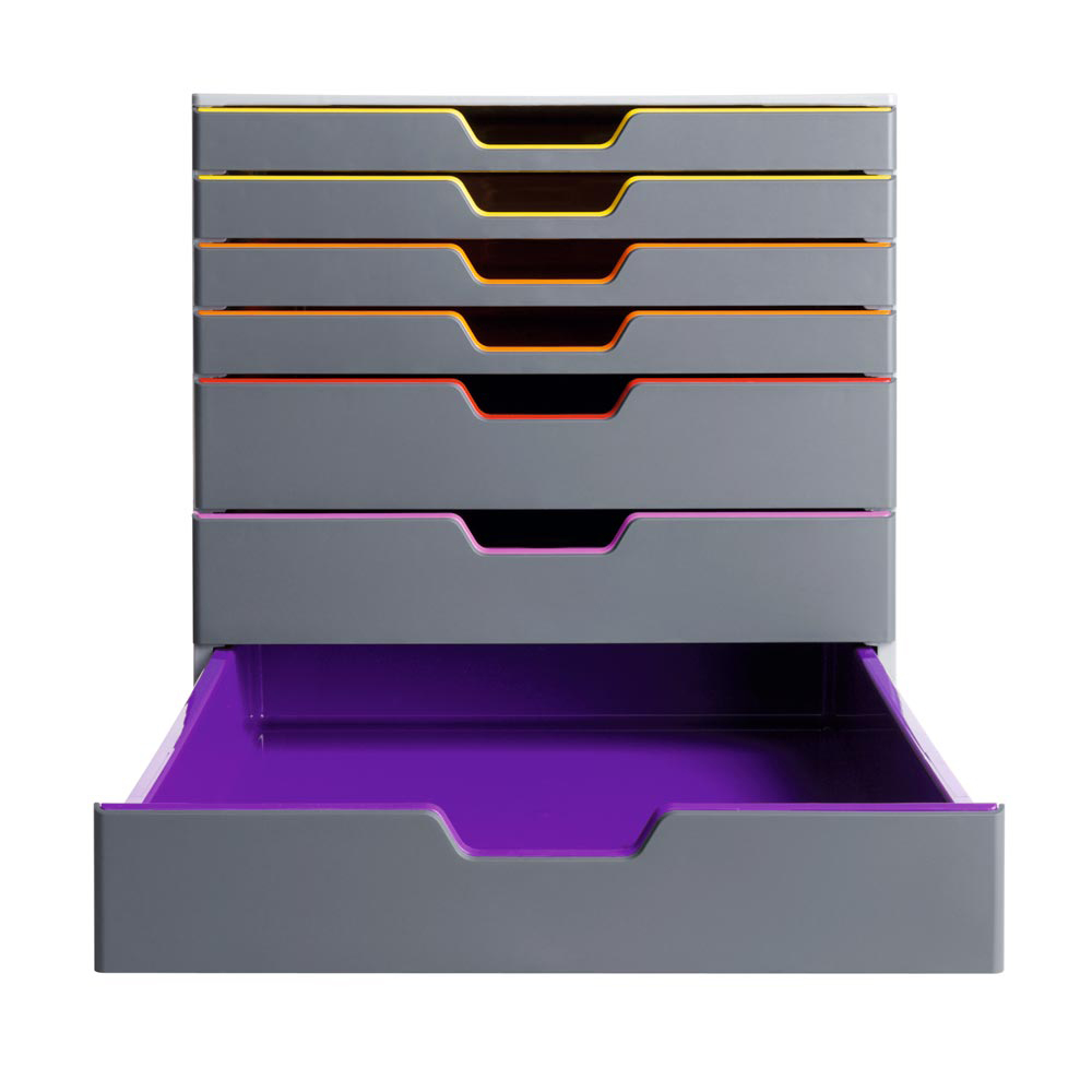 Schubladenbox, BxTxH 280x356x292 mm, 7 farbige Schubladen, aus ABS, inkl. Beschriftungsfenster