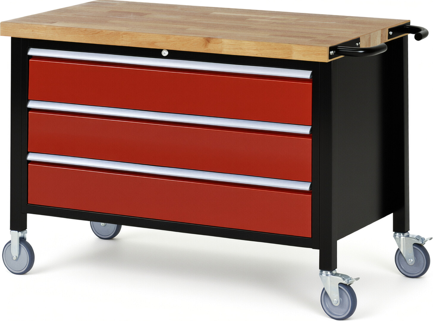 RAU Werkbank schwarz - rot - Breite 125 cm - Tiefe 70 cm - Höhe 108 cm - Buche-Massiv Arbeitsplatte 40 mm