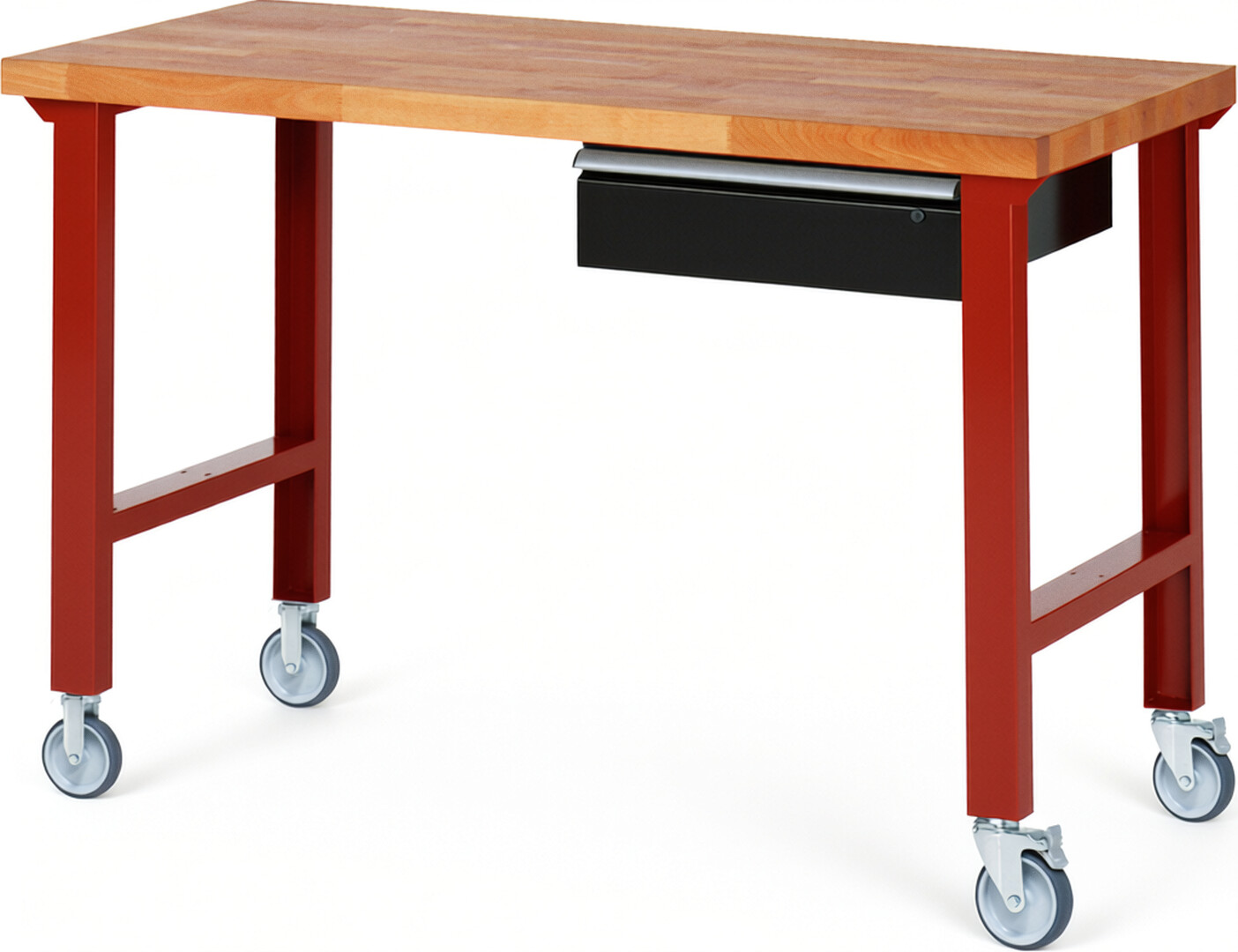Fahrbare Werkbank Modell 7001 rot - schwarz, BxTxH 1500x700x1000 mm,  Buche-Massiv Arbeitsplatte 40 mm,  1 Schublade mit  Auszug 90 %