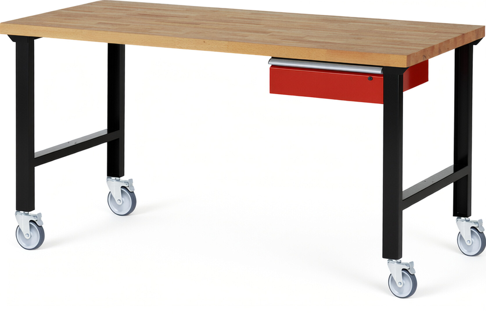 Fahrbare Werkbank Modell 7001 schwarz-rot, BxTxH 2000x900x1000 mm,  Buche-Massiv Arbeitsplatte 40 mm,  1 Schublade mit  Auszug 90 %