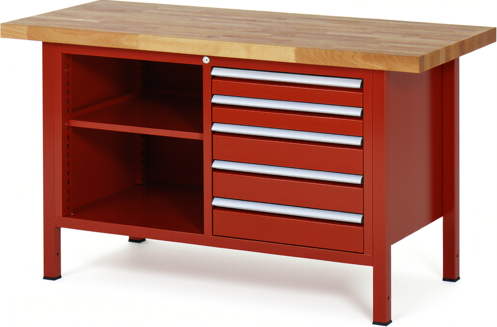Werkbank Modell 8464 rot, BxTxH 1500x700x840 mm,  Buche-Massiv Arbeitsplatte 40 mm,  5 Schubladen mit  Auszug 90 %