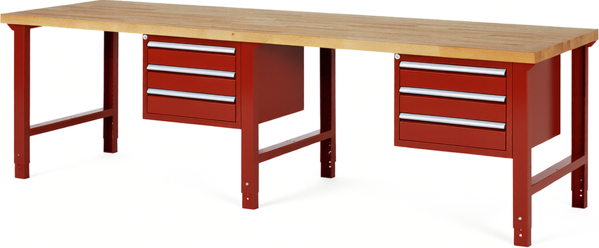 Werkbank Modell 7127 rot, BxTxH 3000x900x790-1140 mm,  Buche-Massiv Arbeitsplatte 40 mm,  6 Schubladen mit  Vollauszug 100 % und  SoftClosing