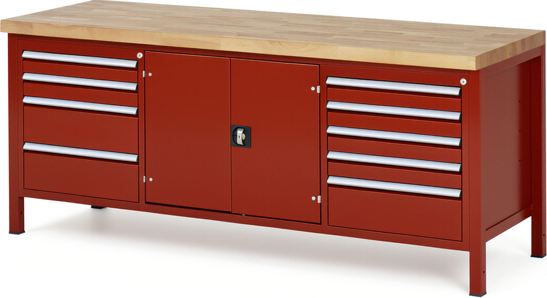 Werkbank Modell 8908 rot, BxTxH 2000x700x840 mm,  Buche-Massiv Arbeitsplatte 40 mm,  9 Schubladen mit  Vollauszug 100 % und  SoftClosing