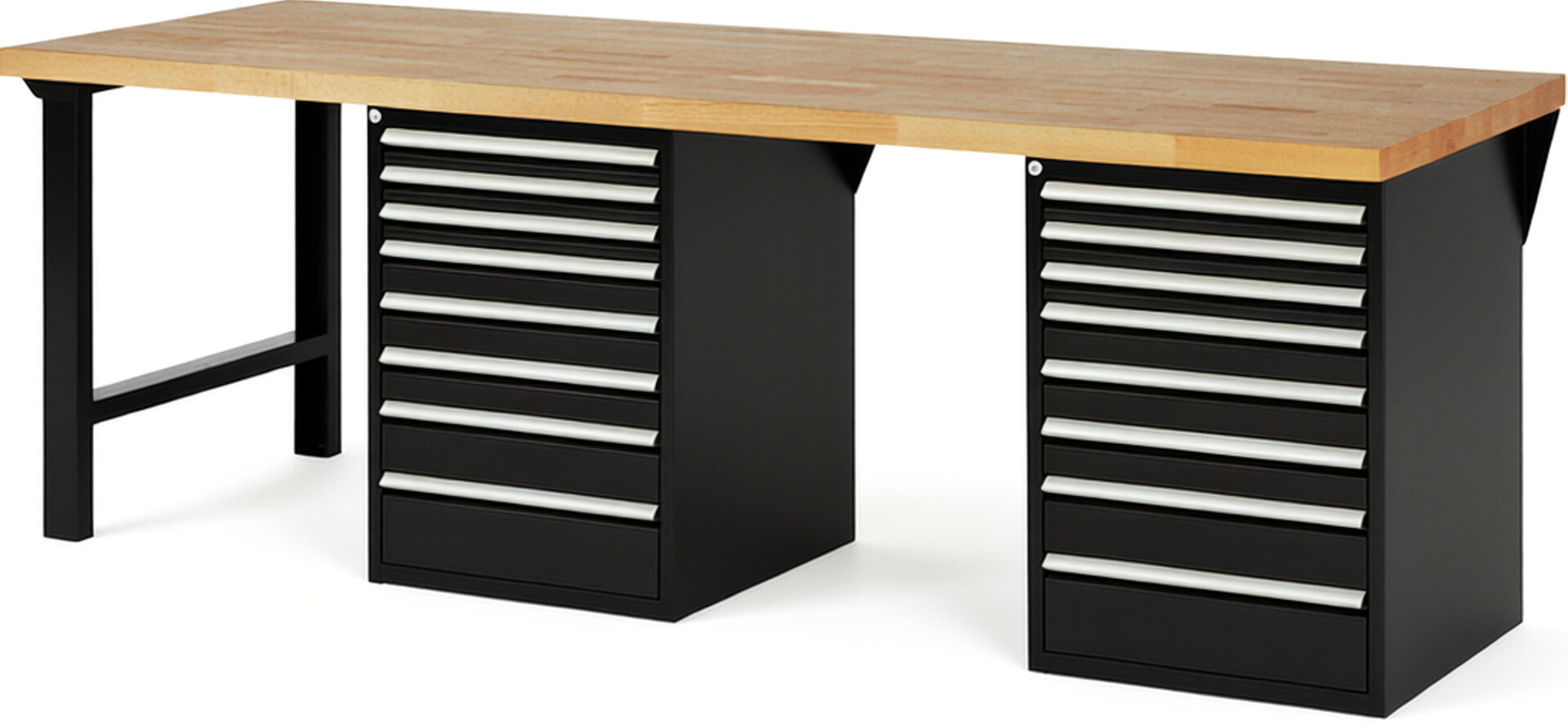 Werkbank Modell 7519 schwarz, BxTxH 2500x900x840 mm,  Buche-Massiv Arbeitsplatte 40 mm,  16 Schubladen mit  Auszug 90 %