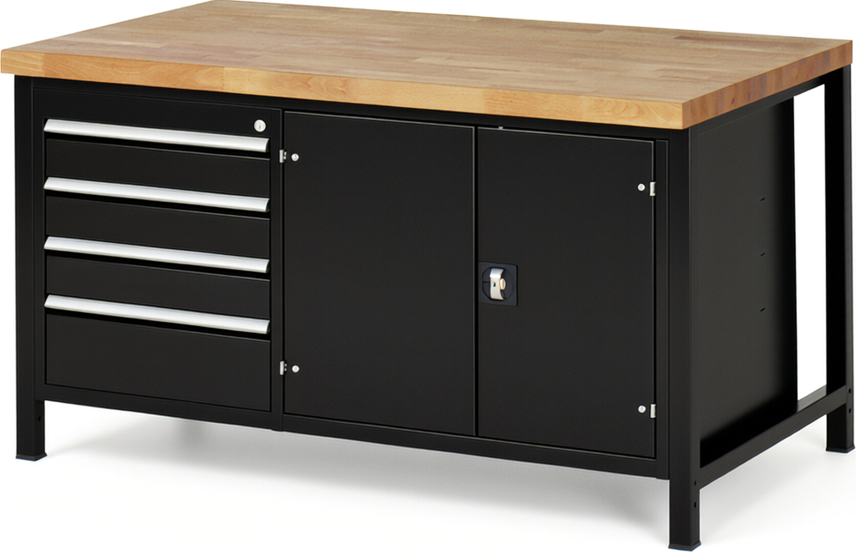 RAU Werkbank schwarz - Breite 150 cm - Tiefe 90 cm - Höhe 104 cm - Buche-Massiv Arbeitsplatte 40 mm