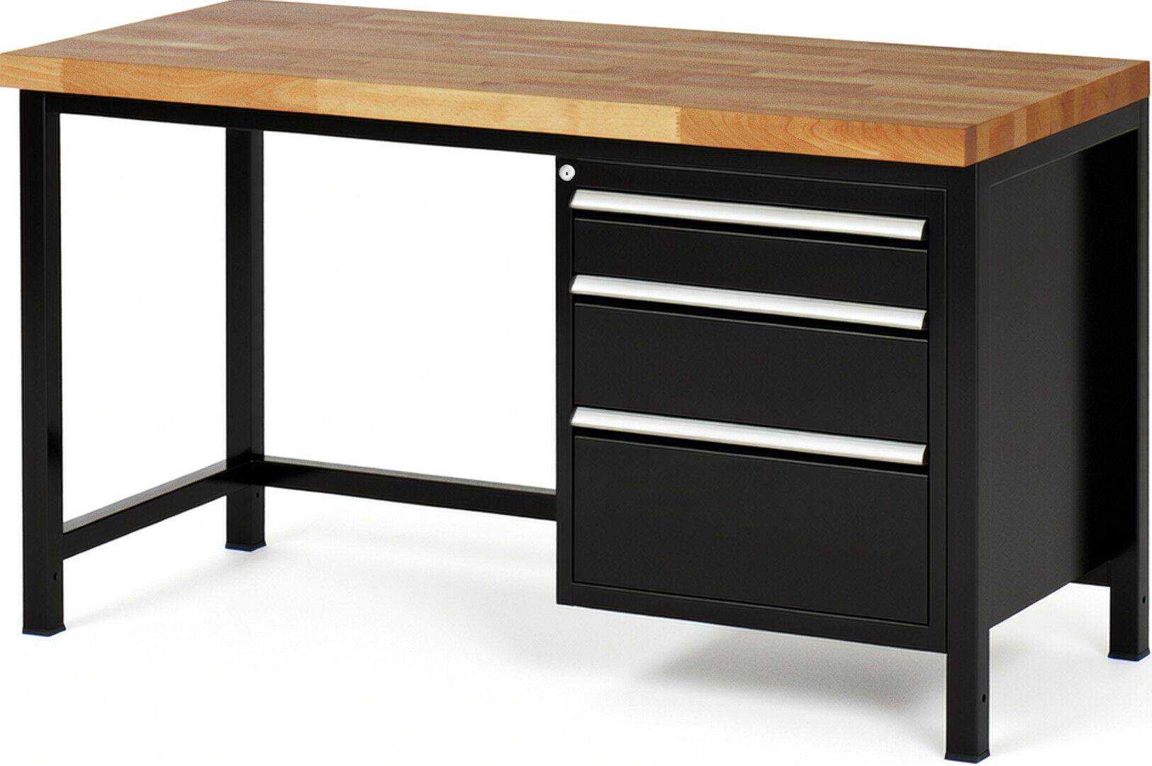 Werkbank Modell 8159 schwarz, BxTxH 1500x700x840-1040 mm,  Buche-Massiv Arbeitsplatte 40 mm,  3 Schubladen mit  Auszug 90 %