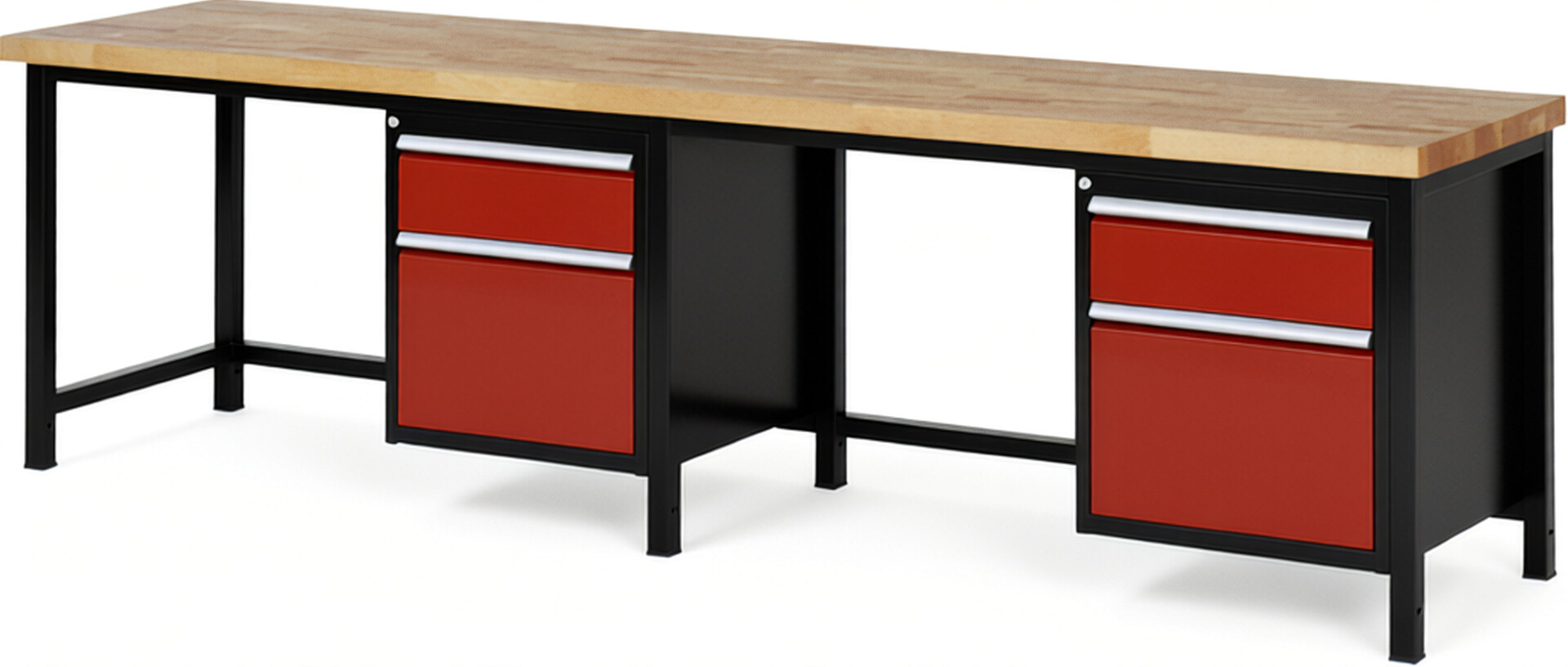 RAU Werkbank schwarz - rot - Breite 300 cm - Tiefe 70 cm - Höhe 84 cm - Buche-Massiv Arbeitsplatte 40 mm