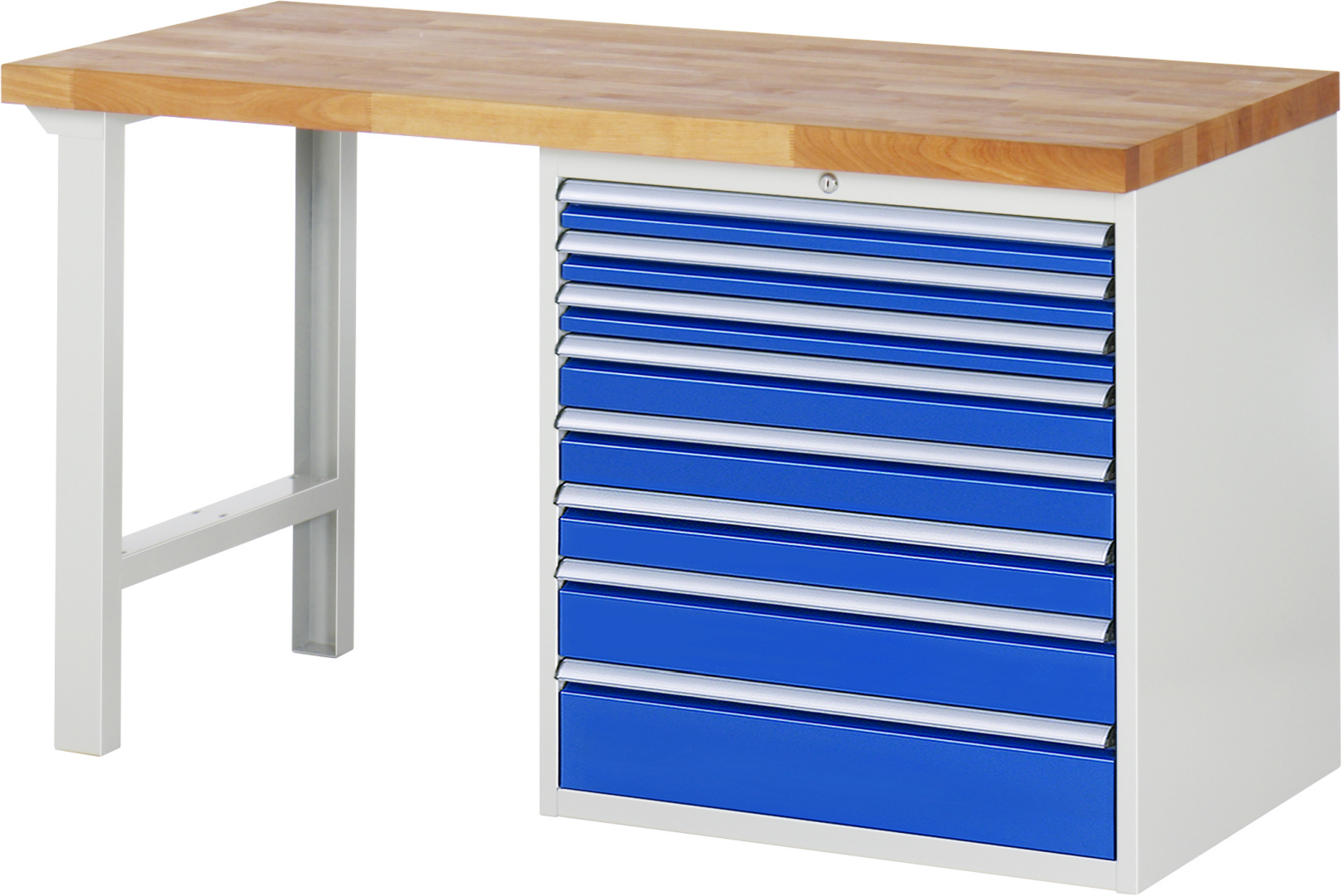 Werkbank Modell 7619 rot - schwarz, BxTxH 1500x700x890 mm,  Buche-Massiv Arbeitsplatte 40 mm,  8 Schubladen mit  Auszug 90 %