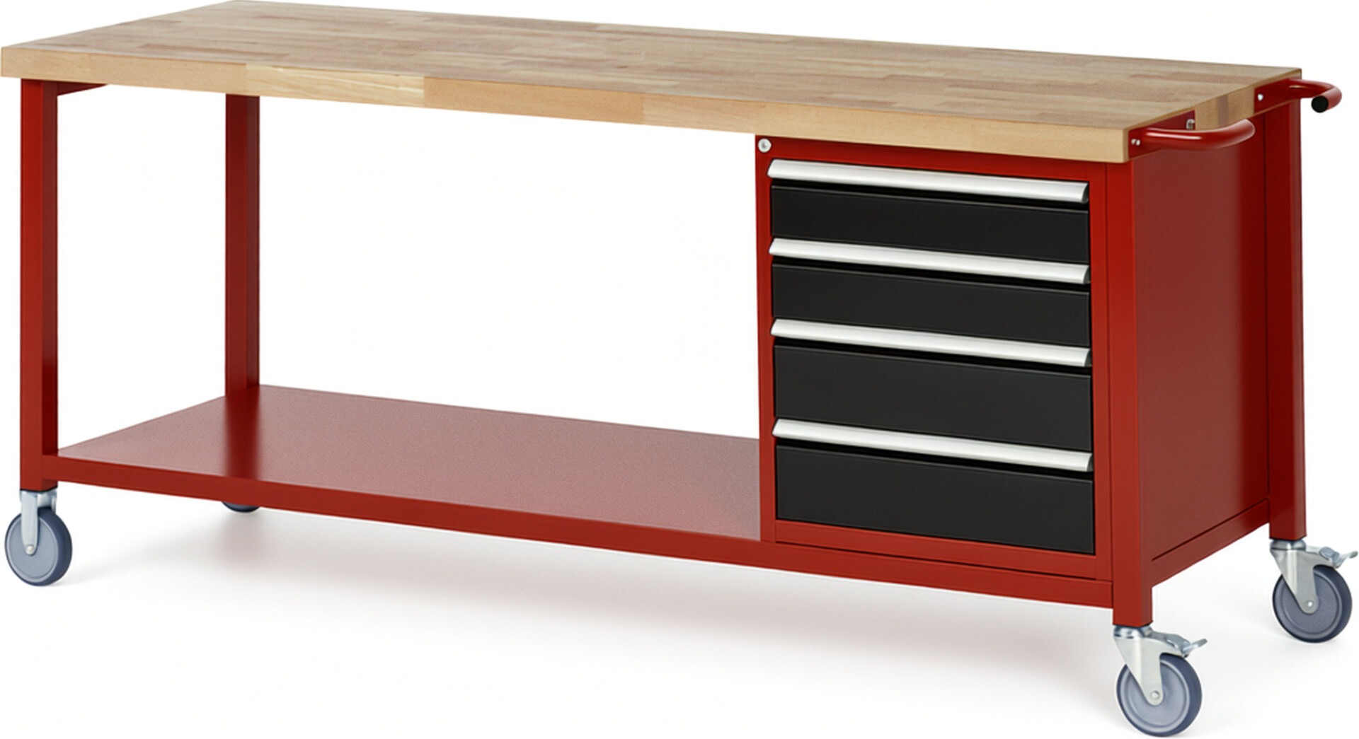 Fahrbare Werkbank Modell 8162 rot - schwarz, BxTxH 2000x700x880-1080 mm,  Buche-Massiv Arbeitsplatte 40 mm,  4 Schubladen mit  Vollauszug 100 % und  SoftClosing