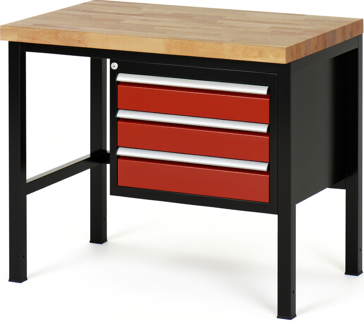 Werkbank Modell 8127 schwarz-rot, BxTxH 1000x700x840-1040 mm,  Buche-Massiv Arbeitsplatte 40 mm,  3 Schubladen mit  Vollauszug 100 % und  SoftClosing