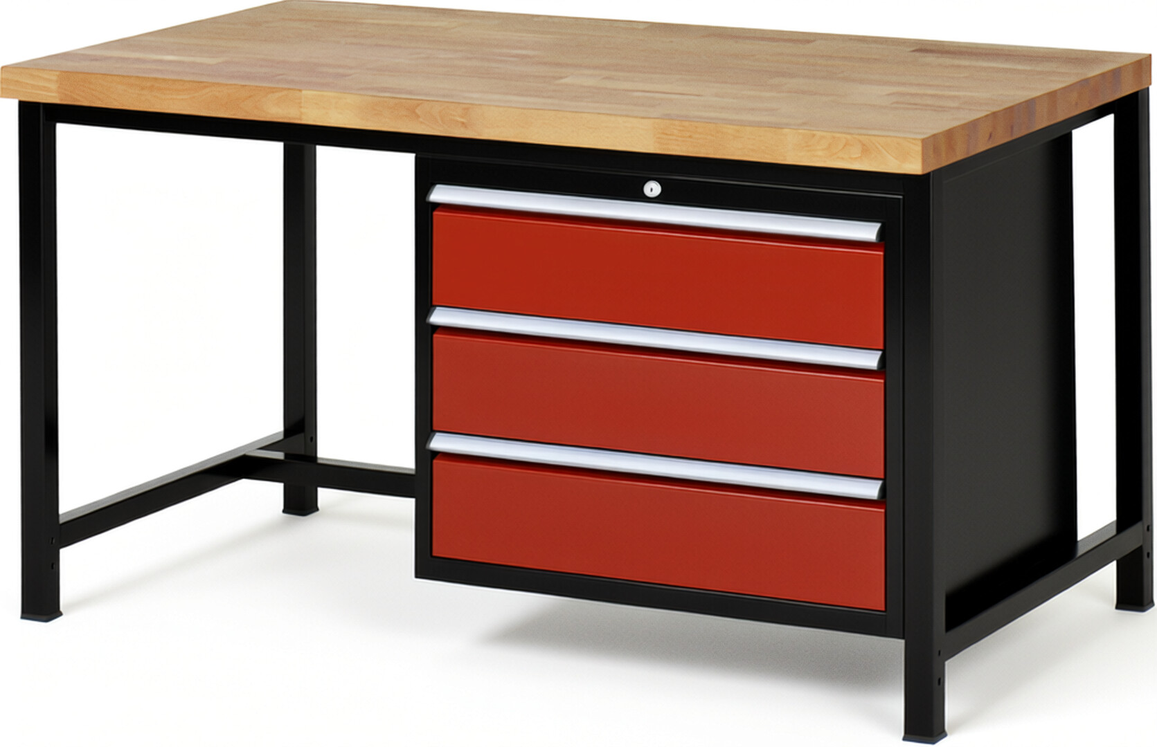 RAU Werkbank schwarz - rot - Breite 150 cm - Tiefe 90 cm - Höhe 104 cm - Buche-Massiv Arbeitsplatte 40 mm