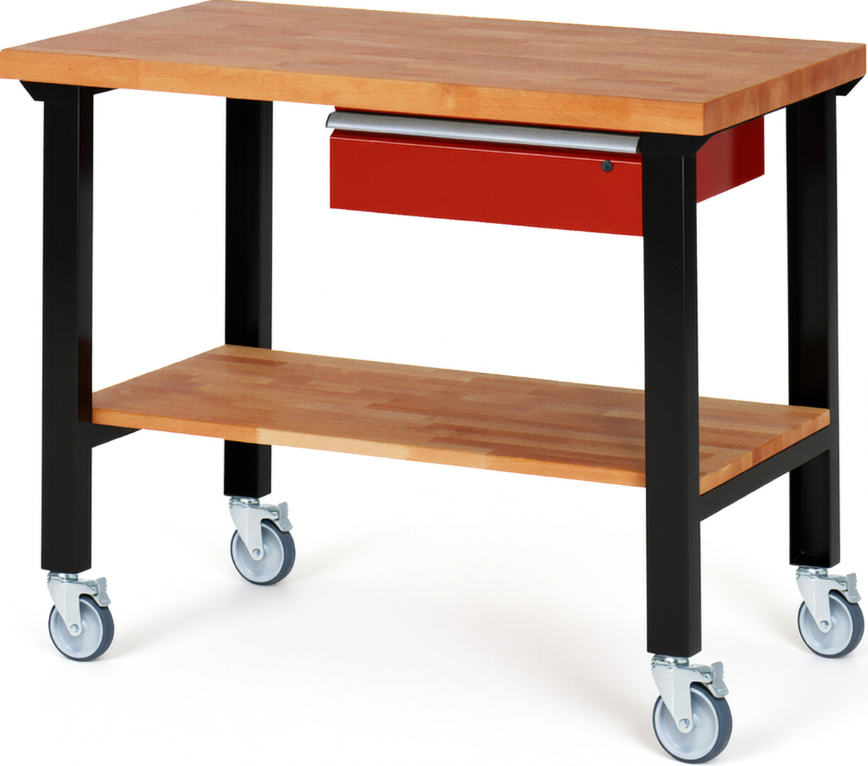 Fahrbare Werkbank Modell 7001 schwarz-rot, BxTxH 1250x700x1000 mm,  Buche-Massiv Arbeitsplatte 40 mm,  1 Schublade mit  Auszug 90 %