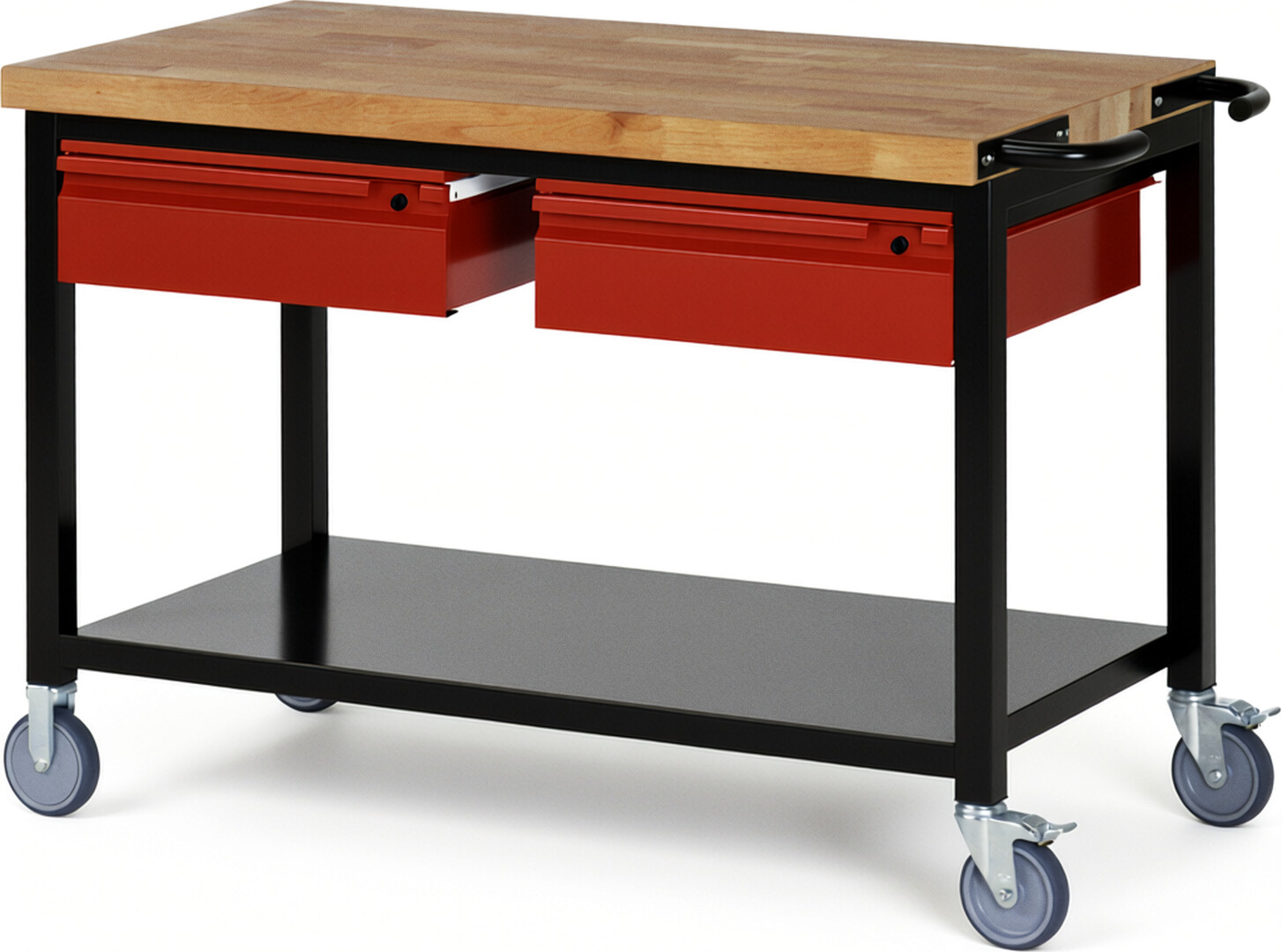 Fahrbare Werkbank - Modell 8002 BASIC schwarz-rot, BxTxH 1250x700x880 mm,  Buche-Massiv Arbeitsplatte 40 mm,  2 Schubladen mit  Auszug 90 %