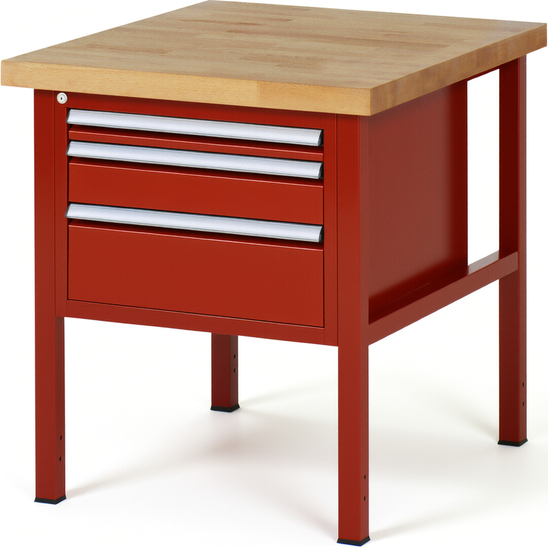 Werkbank Modell 8126 rot, BxTxH 750x900x840-1040 mm,  Buche-Massiv Arbeitsplatte 40 mm,  3 Schubladen mit  Vollauszug 100 % und  SoftClosing