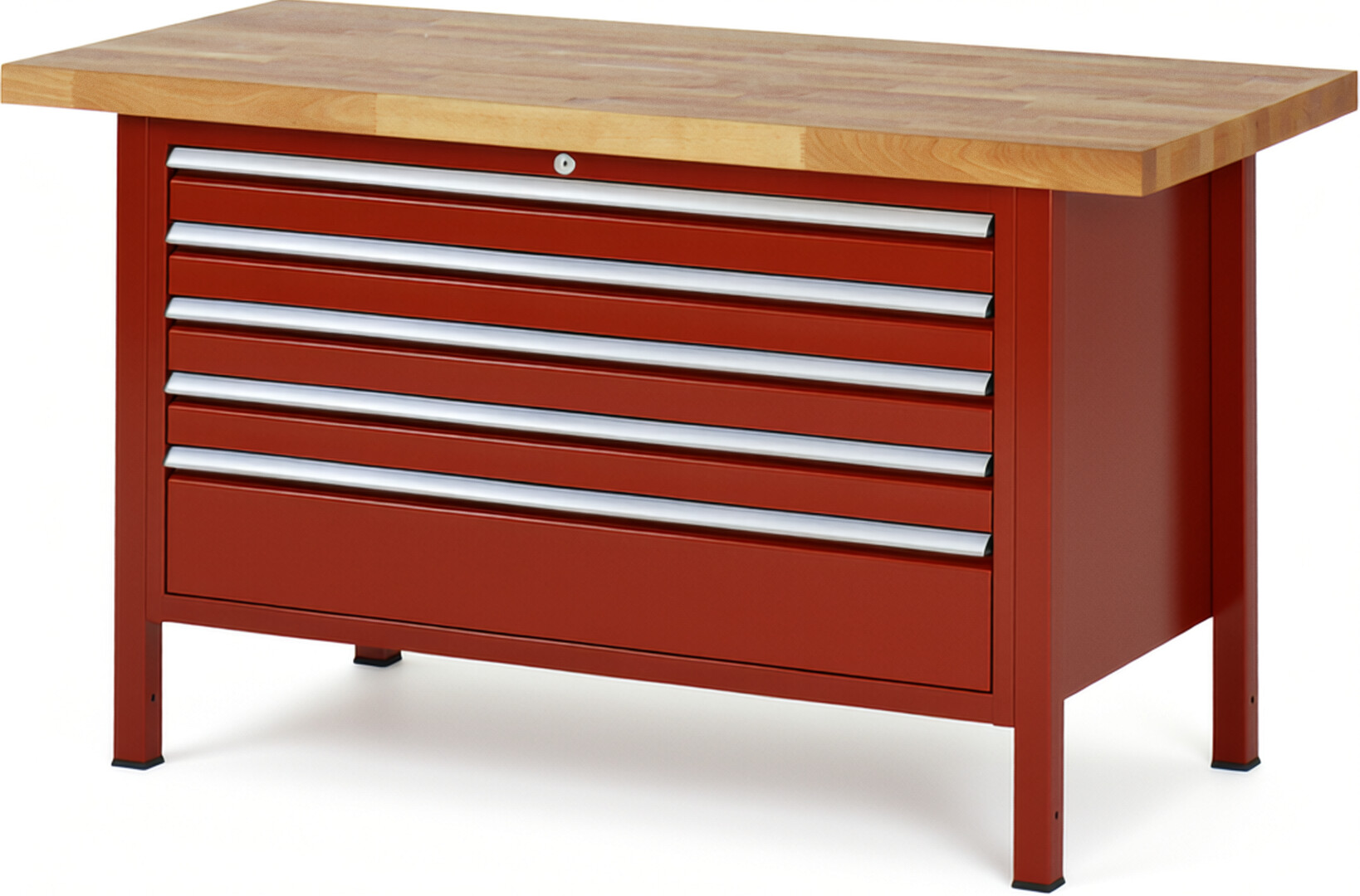 Werkbank Modell 8368 rot, BxTxH 1500x700x840 mm,  Buche-Massiv Arbeitsplatte 40 mm,  5 Schubladen mit  Auszug 90 %
