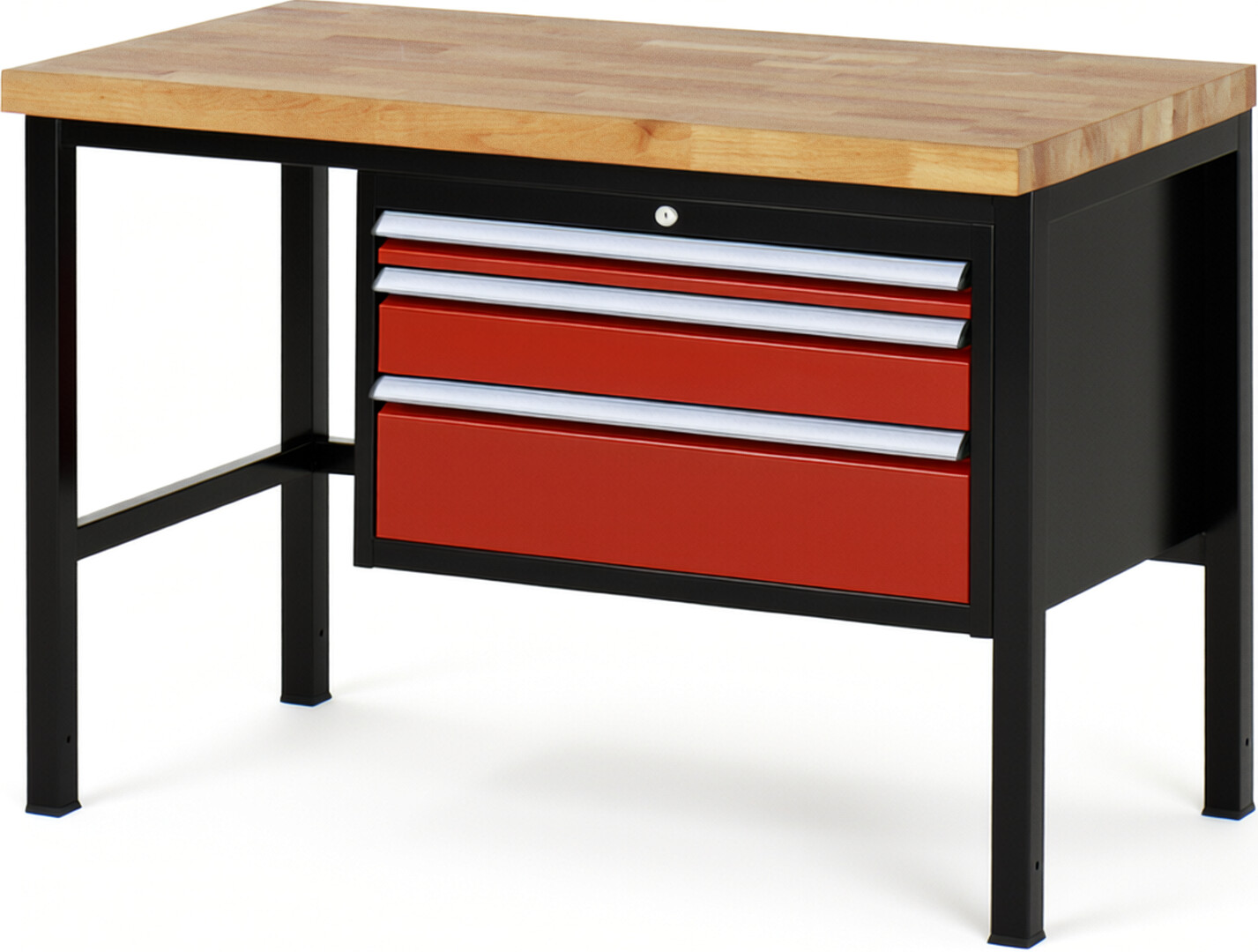 RAU Werkbank schwarz - rot - Breite 125 cm - Tiefe 70 cm - Höhe 104 cm - Buche-Massiv Arbeitsplatte 40 mm