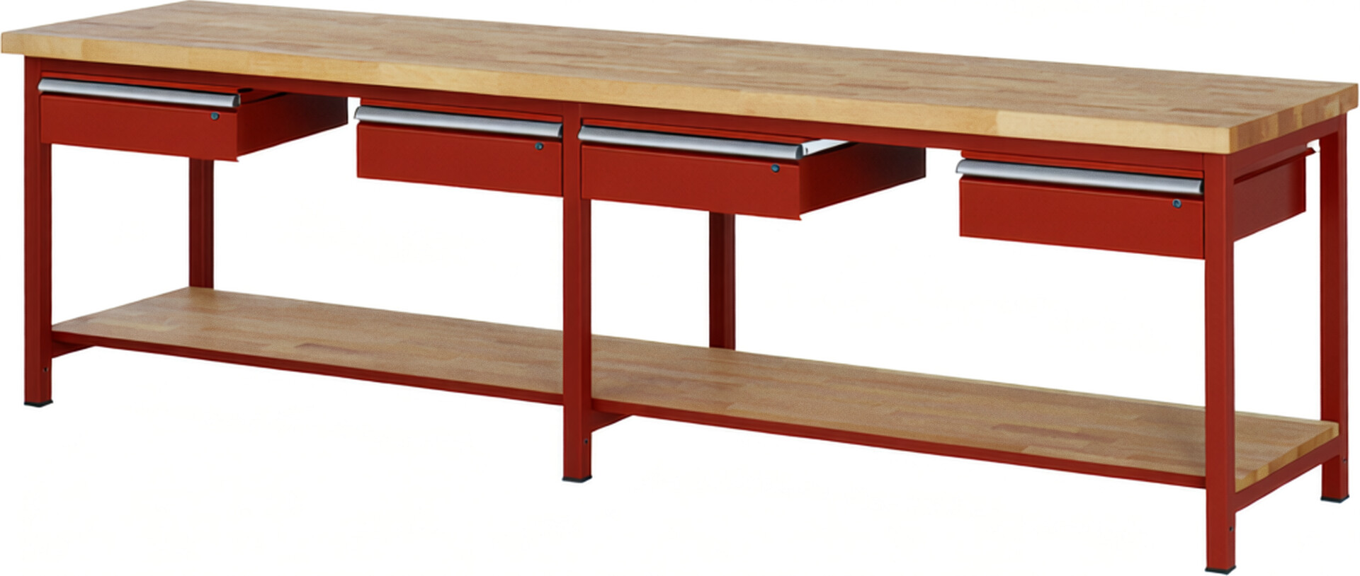 Werkbank Modell 8002 rot, BxTxH 3000x700x840-1040 mm,  Buche-Massiv Arbeitsplatte 40 mm,  4 Schubladen mit  Auszug 90 %