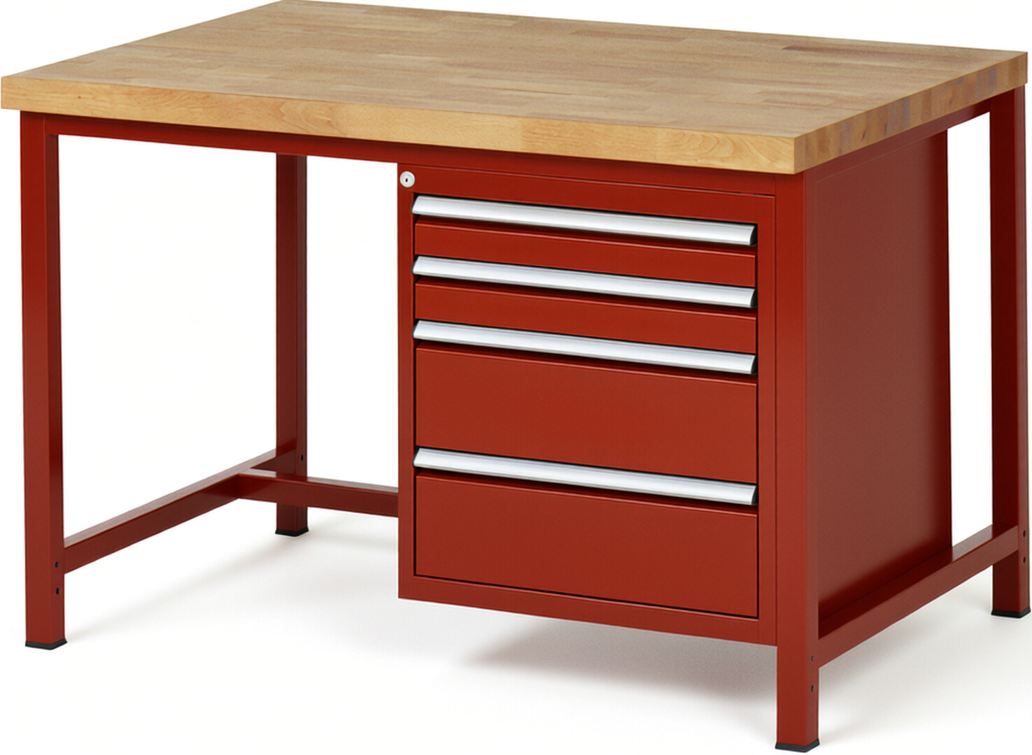 Werkbank Modell 8161 rot, BxTxH 1250x900x840 mm,  Buche-Massiv Arbeitsplatte 40 mm,  4 Schubladen mit  Vollauszug 100 % und  SoftClosing