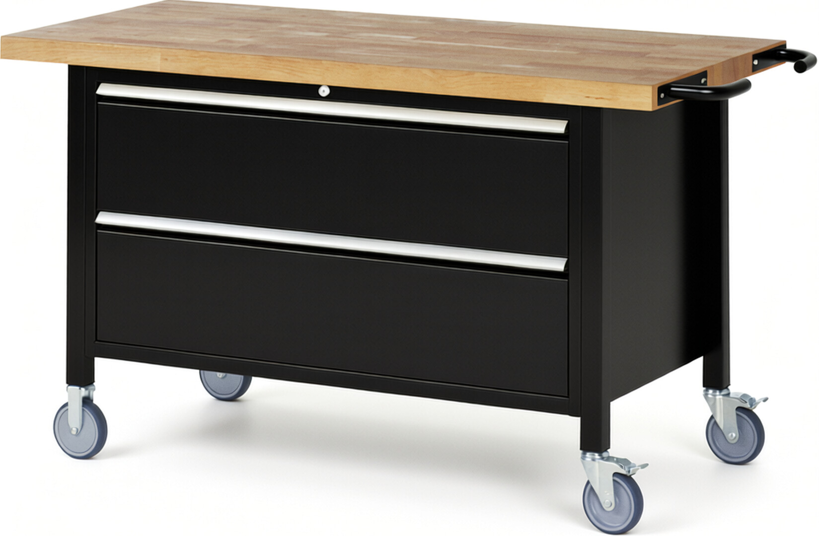 Fahrbare Werkbank Modell 8355 schwarz, BxTxH 1500x700x880 mm,  Buche-Massiv Arbeitsplatte 40 mm,  2 Schubladen mit  Vollauszug 100 % und  SoftClosing