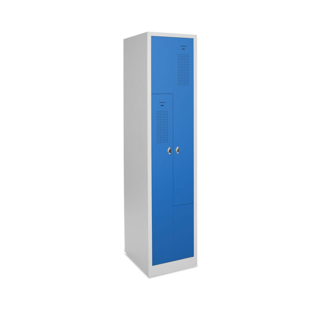 Z-Spind, 1 Abteil,  2 Fächer,  Abteilbreite 20 cm, Höhe 180 cm, Breite 41,5 cm, RAL 7035 Lichtgrau / RAL 5010 Enzianblau, mit Sockel, Drehriegelschloss