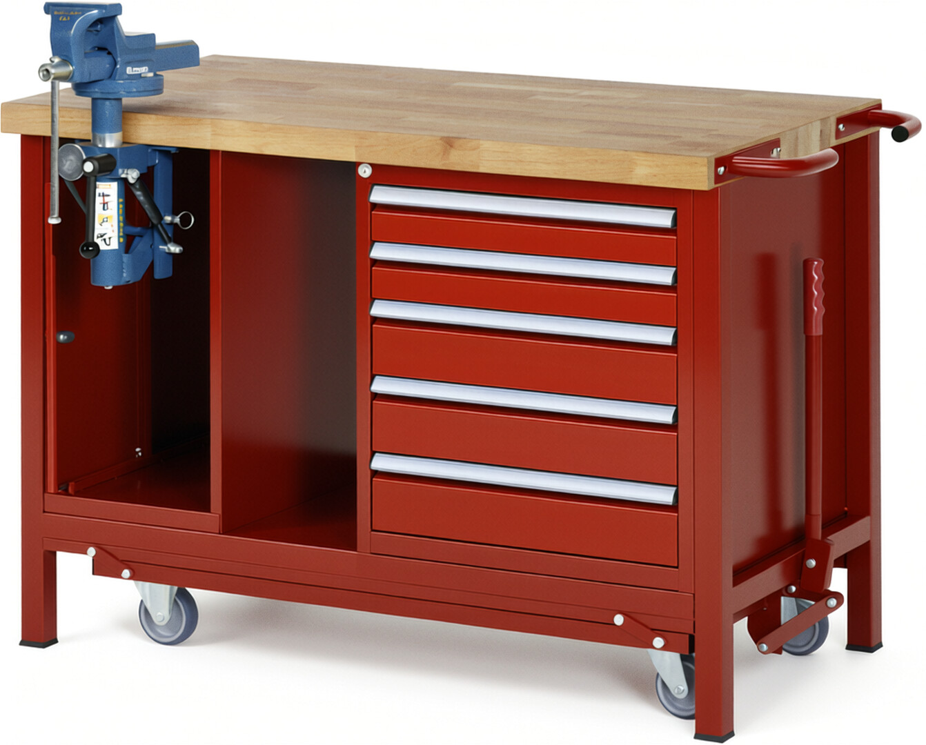 RAU Werkbank rot - Breite 125 cm - Tiefe 70 cm - Höhe 88 cm - Buche-Massiv Arbeitsplatte 40 mm