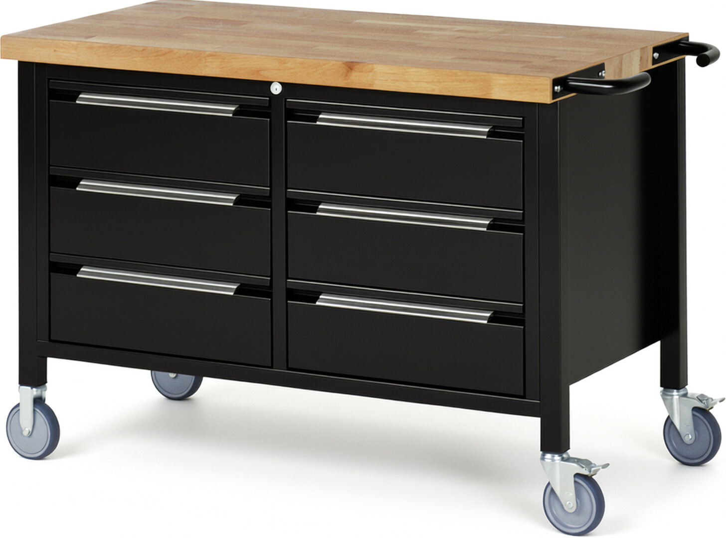Fahrbare Werkbank - Modell 8473 BASIC schwarz, BxTxH 1250x700x880 mm,  Buche-Massiv Arbeitsplatte 40 mm,  6 Schubladen mit  Auszug 90 %