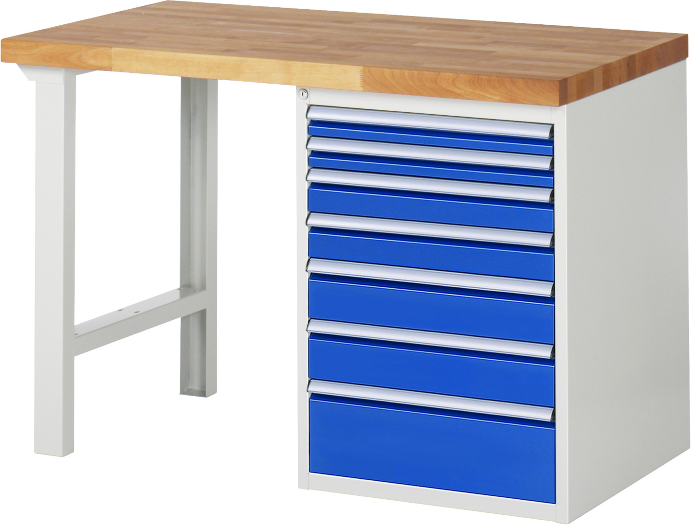 Werkbank Modell 7517 rot - schwarz, BxTxH 1250x700x890 mm,  Buche-Massiv Arbeitsplatte 40 mm,  7 Schubladen mit  Vollauszug 100 % und  SoftClosing